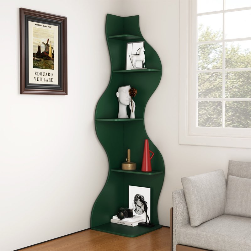 Corner Bookshelf, 5 Tier Modern Wall Shelf Bookcase Small Storage Rack Stylish Accent Wavy For Small Space, Plant Stand, Orange