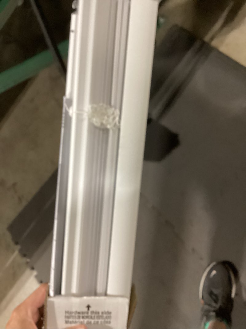 Condition photo showing As Is for project source room darkening 1-in slat width 31-in x 64-in cordless white vinyl room darkening mini-blinds