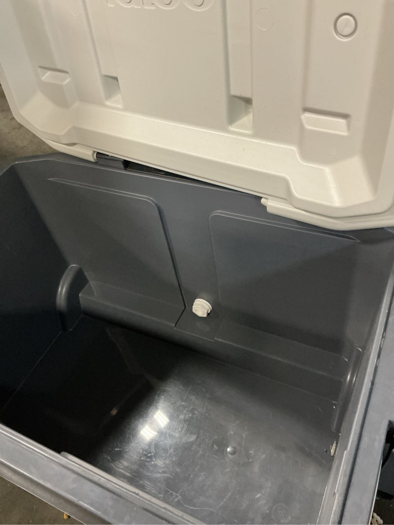 Condition photo showing As Is for igloo bone white and gray 60-quart sunset roller cooler