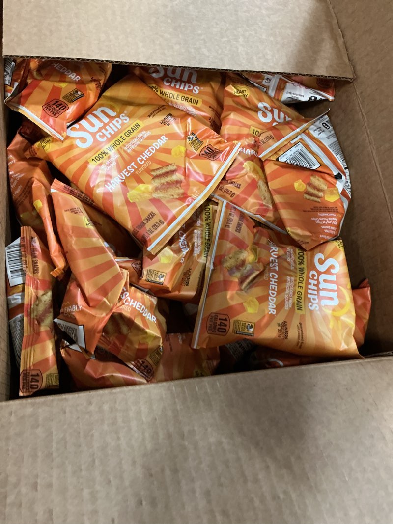Condition photo showing New/Like New for (( use by/jun/02/2026))sunchips harvest cheddar flavored whole grain snacks  1 oz bags  40 count