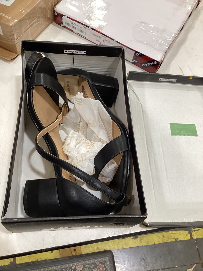 Condition photo showing Good Condition for idifu women's cookie-lo low block heels chunky sandals ankle strap wedding dress pump shoes 8.5 cookielo black pu