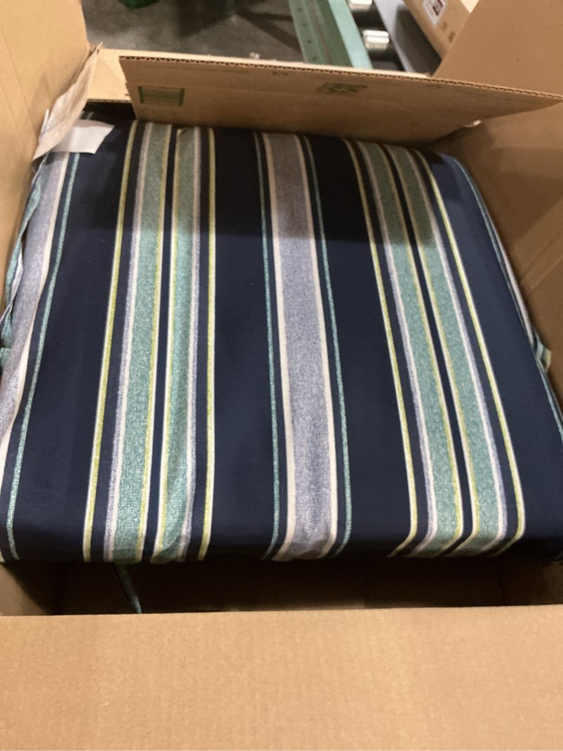 Condition photo showing Good Condition for arden outdoor midback chair cushion, 18 x 16.5, water repellent, fade resistant 18 x 16.5, sapphire aurora blue stripe