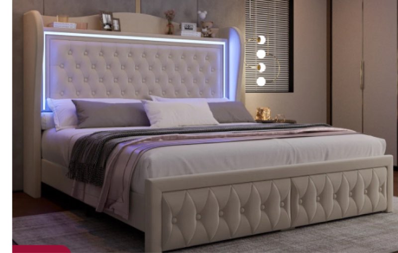 Kaliya Velvet Upholstered Wingback Platform Bed with LED Lights, Wood Bed Frame With 2 Storage Drawers
