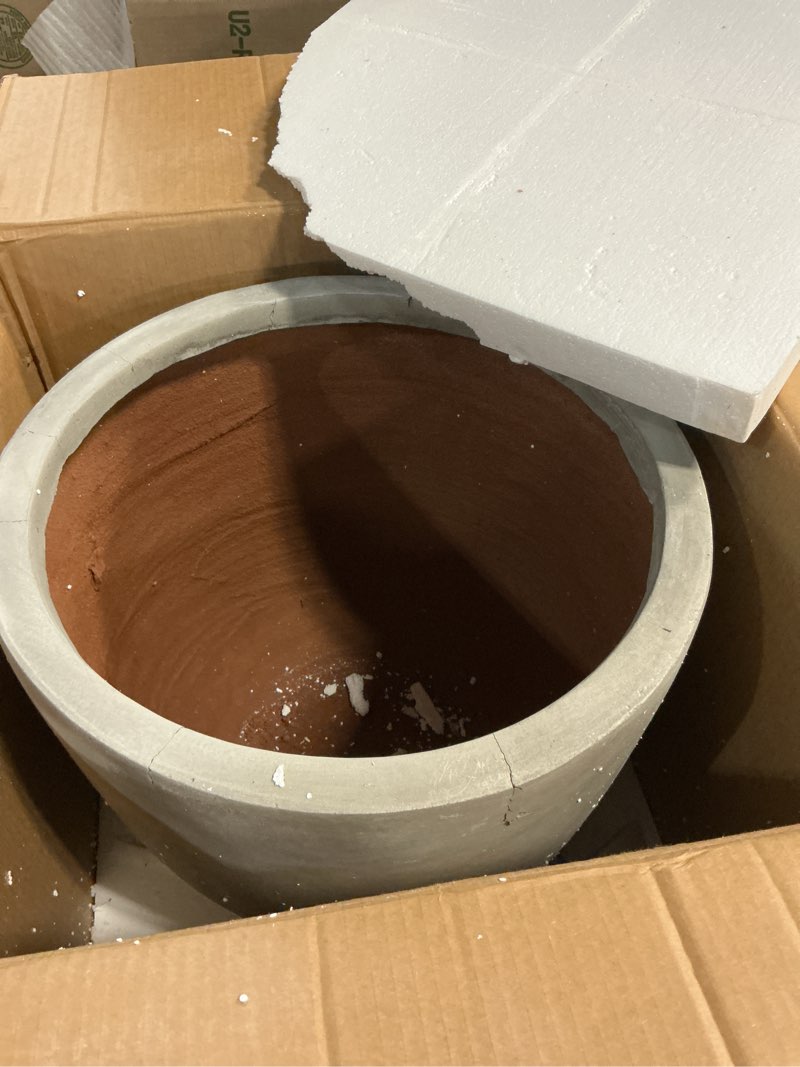 Condition photo showing As Is for kante 18 inch dia round concrete planter, indoor outdoor large plant pot with drainage hole and rubber plug for home patio garden, weathered concrete weathered concrete 18"d