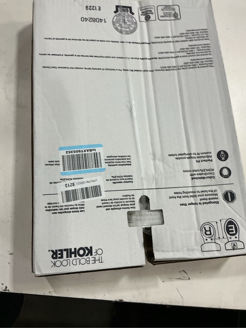 Condition photo showing New/Like New for kohler 4636-rl-0 cachet readylatch elongated slow close toilet seat, soft close toilet seat quiet lid, contoured grip-tight bumpers installation hardware, apartment essentials, white white elongated ready latch