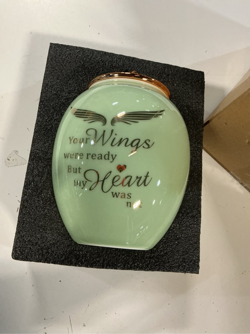 Condition photo showing Good Condition for medium urns for human ashes adult female 50 cubic inches, 6.7x5.2 inch medium size ceramic cremation urn for mom/sister/women with green angel wings medium green angel wing