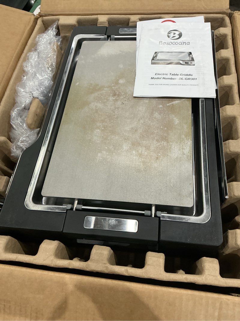 Condition photo showing As Is for electric griddle, 14" indoor grill, spatula & fork included | 536°f max temp, 5mm stainless steel plates, nonstick flat top grill, dishwasher-safe