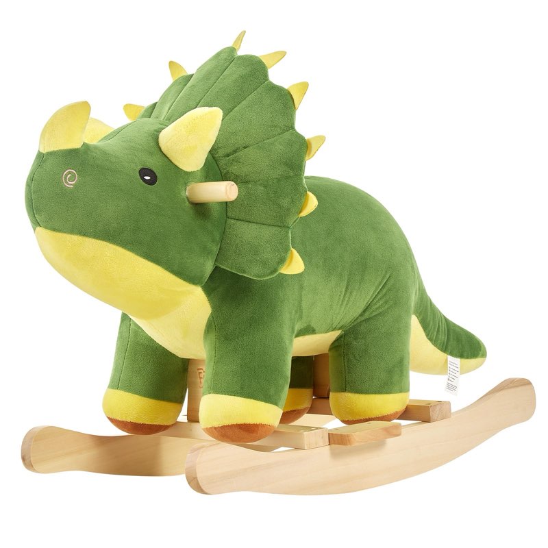 funlio dinosaur baby rocking horse for toddlers 1-3 years, mighty & cute green plush rocking tricera