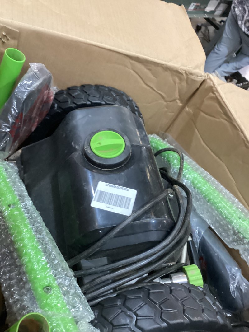 Condition photo showing New/Like New for greenworks 2000 psi (13 amp) electric pressure washer (wheels for transport / 20 ft hose / 35 ft power cord) great for cars, fences, patios, driveways electric 13 amp 2000 psi (corded)