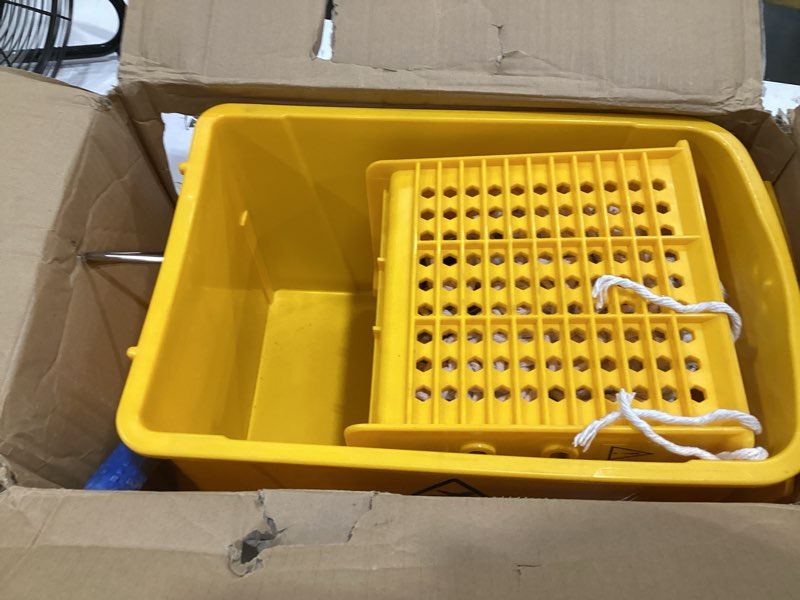 Condition photo showing As Is for mind reader mop and bucket set with wringer, mop included, 5.5 gallon cleaning system with wheels, upward press wringer, small mop compatible mop and mop bucket yellow