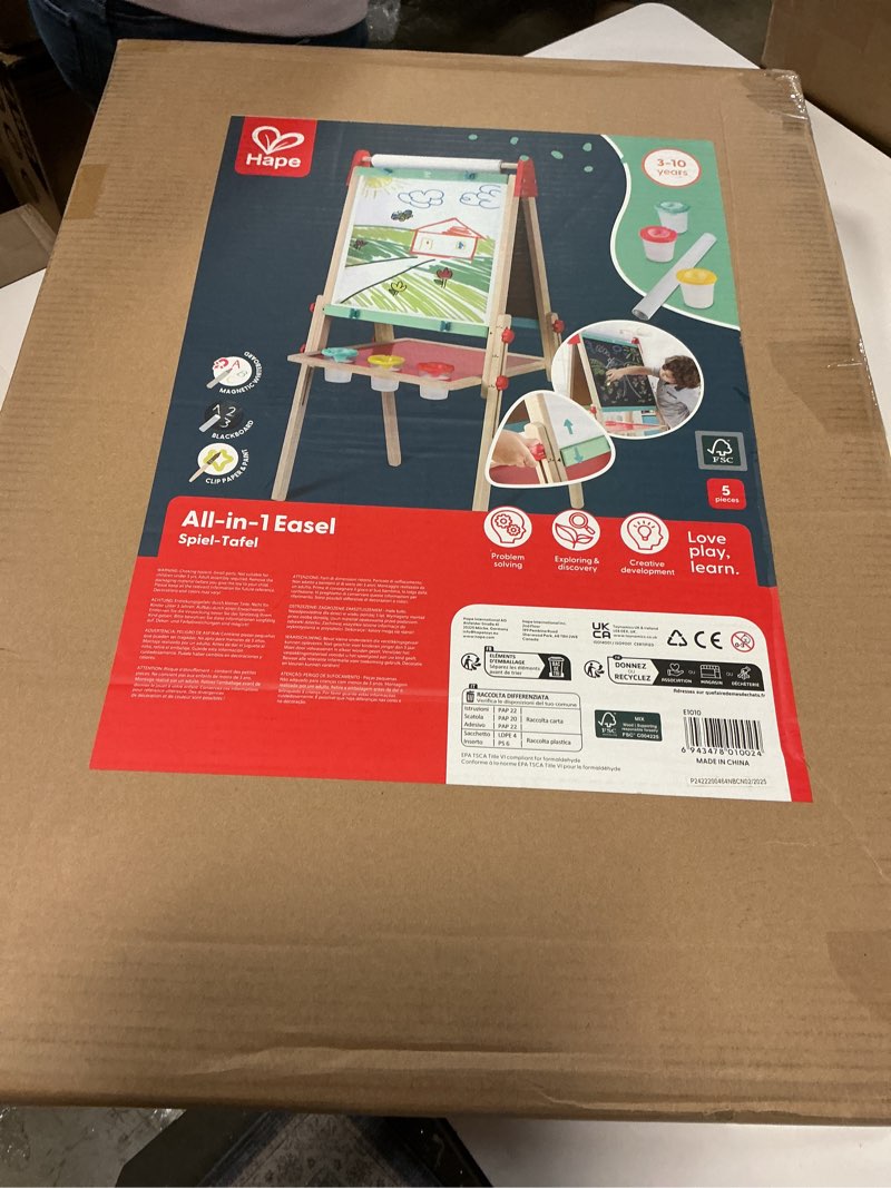 Condition photo showing New/Like New for Hape E1010 Magnetic All in 1 Kids Height Adjustable Drawing Dry-Erase Chalkboard Wooden Artist Easel with 3 Paint Pots and Refillable Paper Roll