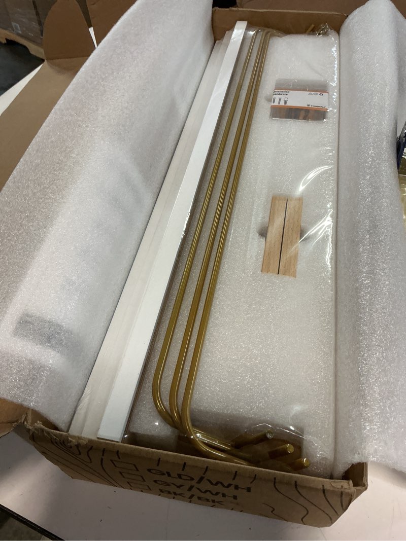 Condition photo showing Good Condition for Forbena 24 Inch Bathroom Floating Shelves for Wall Set of 3, Gold Bathroom Shelves Over Toilet Wall Mounted with Rail, Decorative Hanging Shelf for Bedroom Office Living Room Decor (White and Gold)