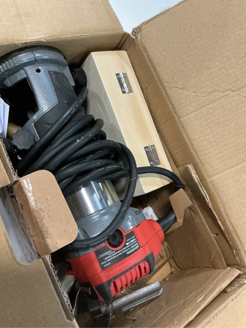 Condition photo showing As Is for avid power 6.5 amp 1.25 hp compact router tools for woodworking, fixed base wood router with trim router bits, 6 variable speeds, edge guide, roller guide, dust hood (red, 65mm) red 65mm