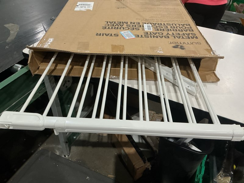 Condition photo showing As Is for summer infant metal banister & stair safety pet and baby gate,31'-46' wide, 32.5' tall, install banister to banister or wall or wall to wall in doorway or stairway, banister and hardware mounts -white white baby gate