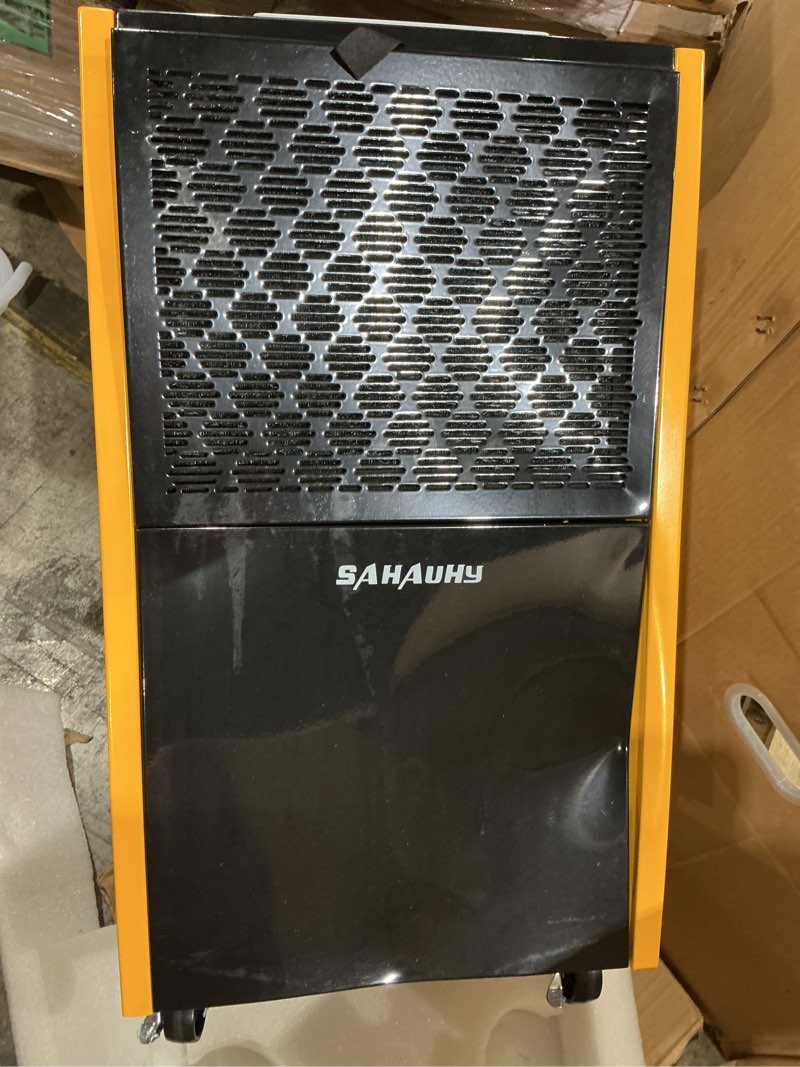 Condition photo showing As Is for sahauhy  commercial dehumidifier for basement,warehouses,large room with drain hose and water tank spaces up to 6,200 sq ft (yellow)