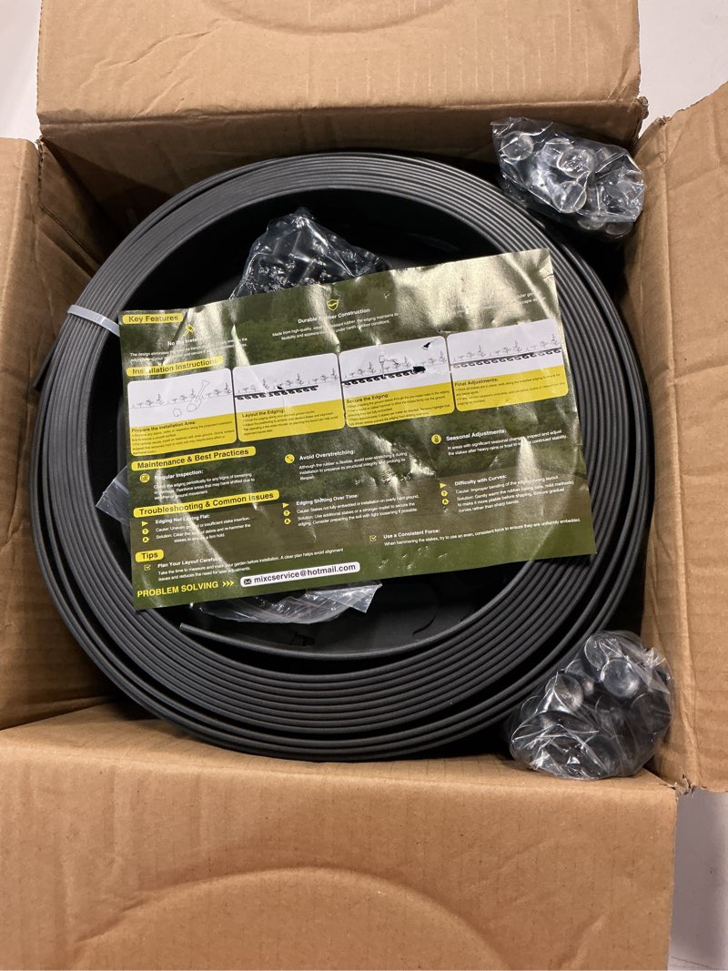 Condition photo showing New/Like New for mixc 100ft landscape edging kit with 150 spikes, not digging flexible plastic edge border for landscaping, lawn, garden, flower beds, yard, paver, playground, pathway,3pack, 33ft each,1.5in high black 1.5in*100ft