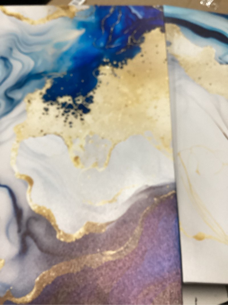 Condition photo showing Good Condition for 3Pcs Blue Gold Marble Canvas Wall Art Abstract Blue Gold White Wall Decor Pictures Modern Paintings Posters Prints for Living Room Bedroom Office Home Decoration, Ready to Hang Canvas 12x16in