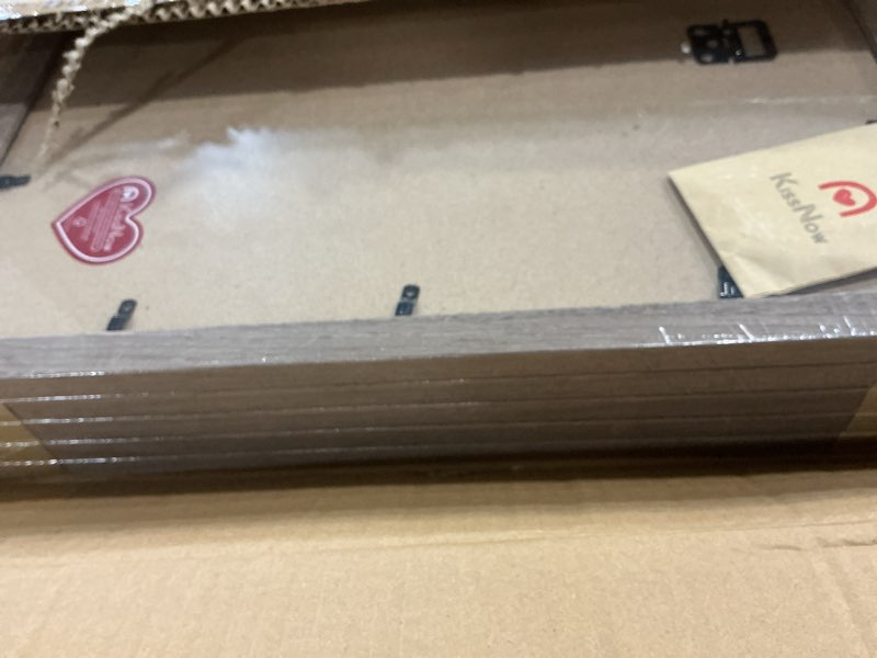 Condition photo showing New/Like New for 12x16 picture frame set - 5 pack, walnut solid wood photo frames - tempered glass - displays photos 8.5x11 with mat or 12 x 16 without - room, office, gallery, studio, and hallway decor - wall hanging