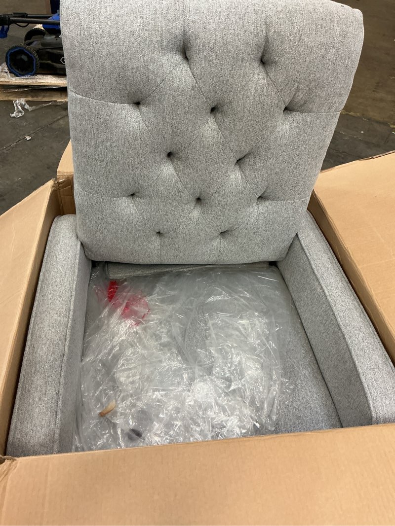 Condition photo showing New/Like New for suite bebe bryton wood fabric tufted gliding swivel recliner in brushed tweed