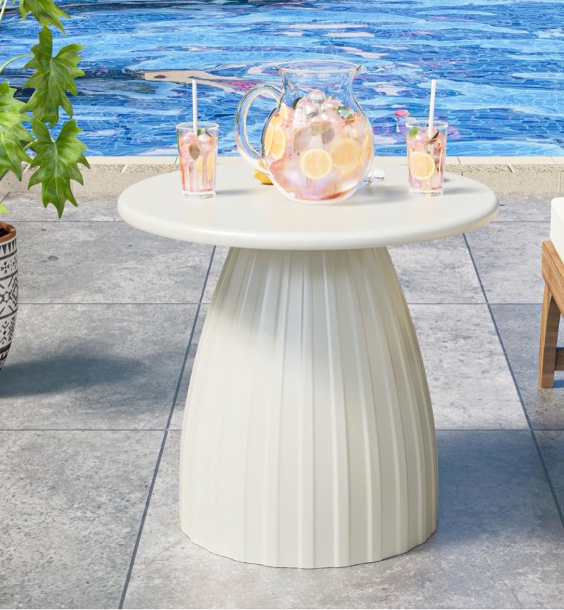 round small patio side table, metal steel outdoor side table, patio accent end table for garden, pool, deck, balcony, yard, living room, white, weather resistant, no assembly