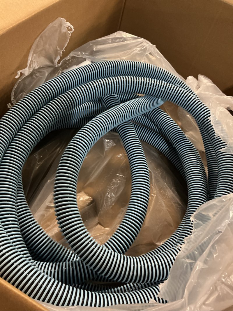 Condition photo showing As Is for poolmaster manual pool vacuum hose, 30 ft x 1-1/2” for inground & above ground pools, not for automatic cleaners, kink-free, heavy duty pool cleaner hose with swivel cuff – made in usa hose 30.0