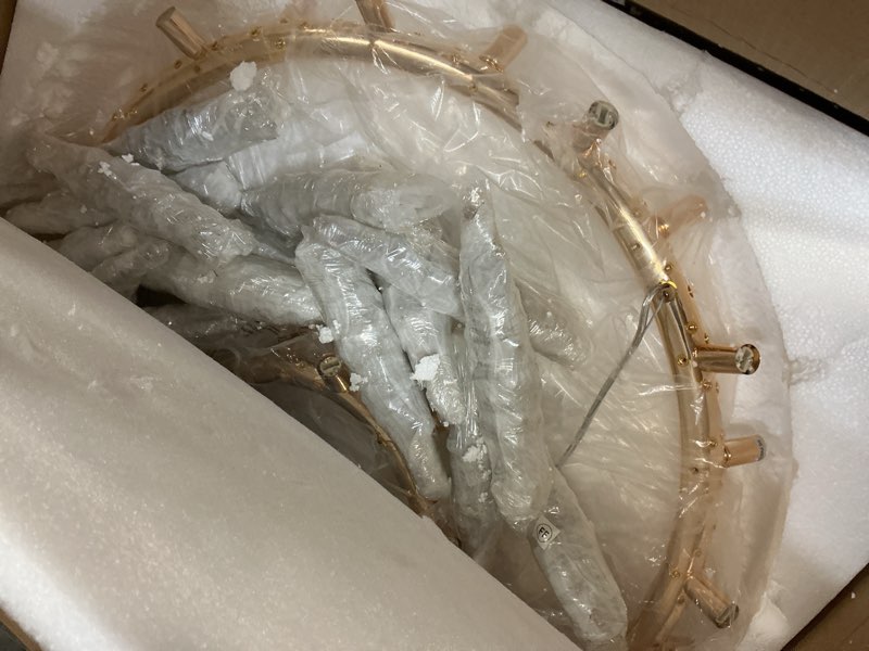 Condition photo showing Good Condition for wellmet gold crystal chandelier 43.3 inch 2 tier modern firework chandelier,mid century round ceiling lighting for high ceiling light for bedroom dining room,kitchen,living room,entryway,hallway 43.3inch