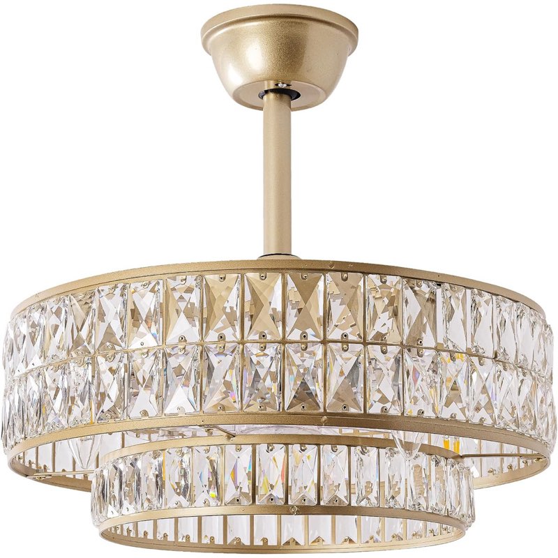 gold fandelier ceiling fan with light,20" crystal chandelier ceiling fans with lights and remote control,modern caged flush mount fandelier with 6 speeds for living room bedroom nursery