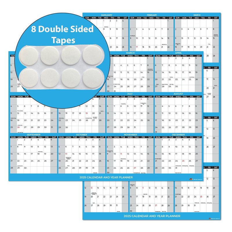 2025 Wall Calendar with Double Sided Tape for Wall hanging, Large Wet & Dry Erase Laminated (Blue, S