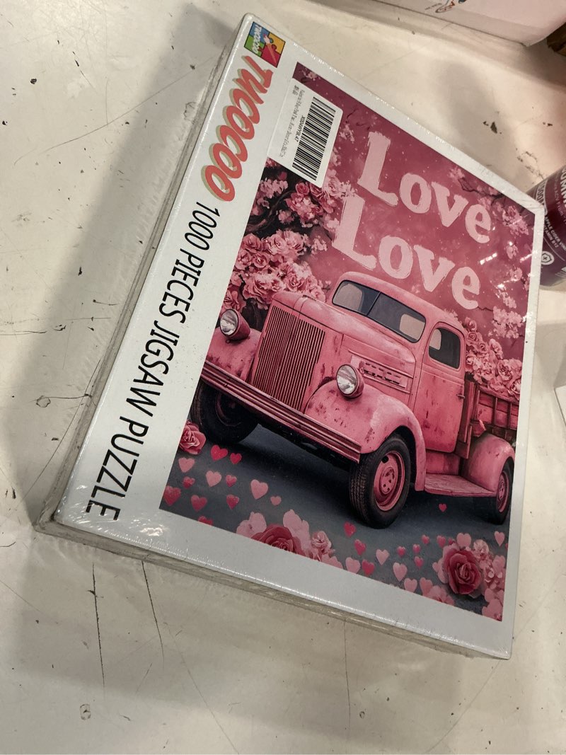 Condition photo showing New/Like New for valentine's day pink truck jigsaw puzzle 1000 pieces for adults,rose flowers love hearts art jigsaw puzzles for challenging family activity games colorful diy handwork puzzle home decor gifts 20x27 in 1000 pieces puzzle-valentine's truck-01