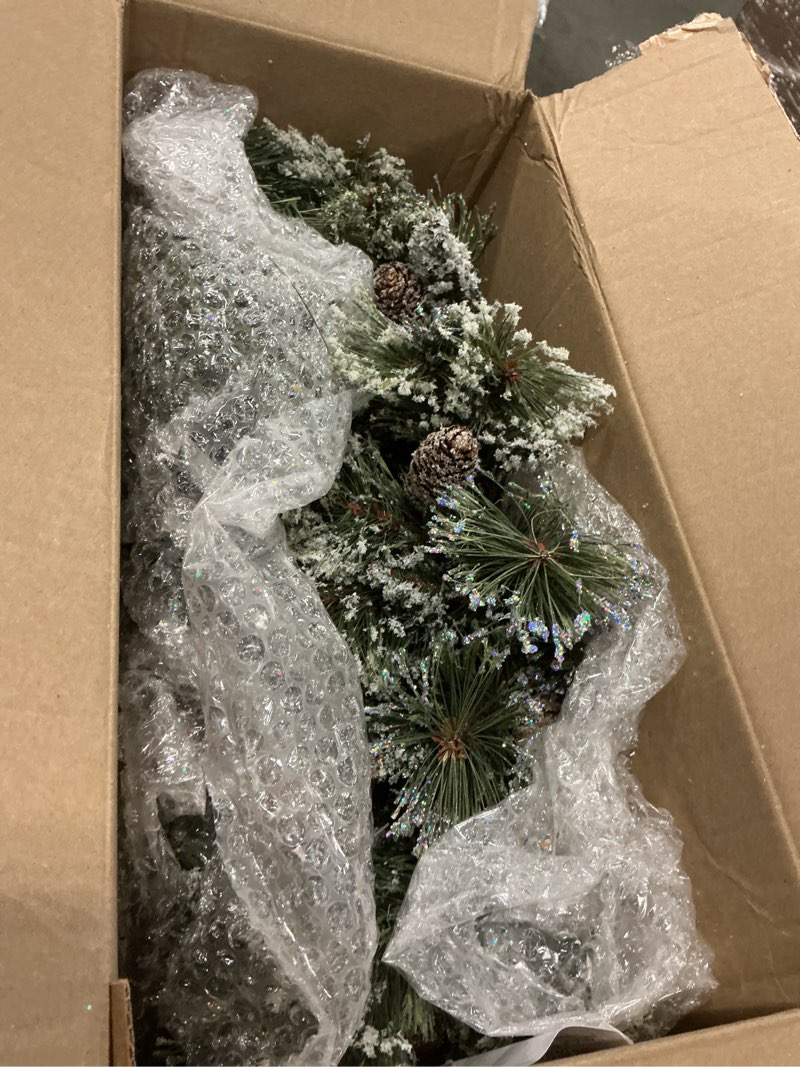 Condition photo showing As Is for National Tree Company 6 ft Pre-Lit Glittery Bristle Artificial Christmas Garland, Christmas Decoration with Pinecones, 50 Clear LED Lights, 138 Tips, Timer, Green