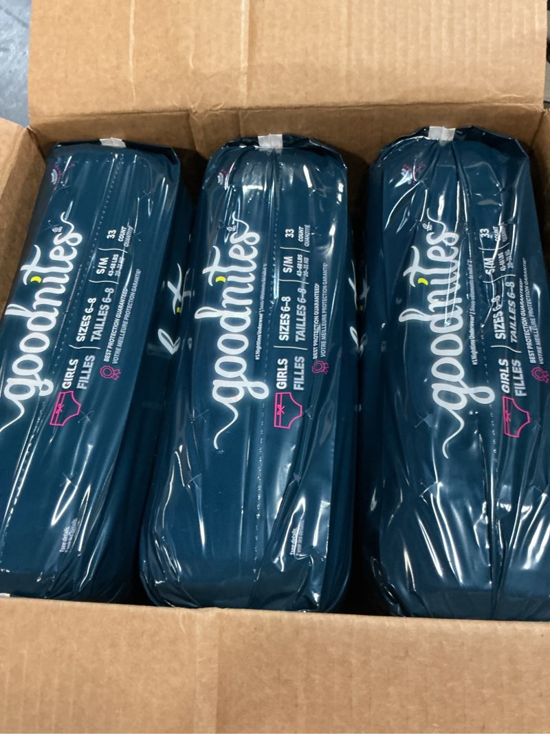 Condition photo showing New/Like New for goodnites girls' bedwetting underwear, size s/m (43-68 lbs), 99 ct (3 packs of 33), packaging may vary small/medium 99