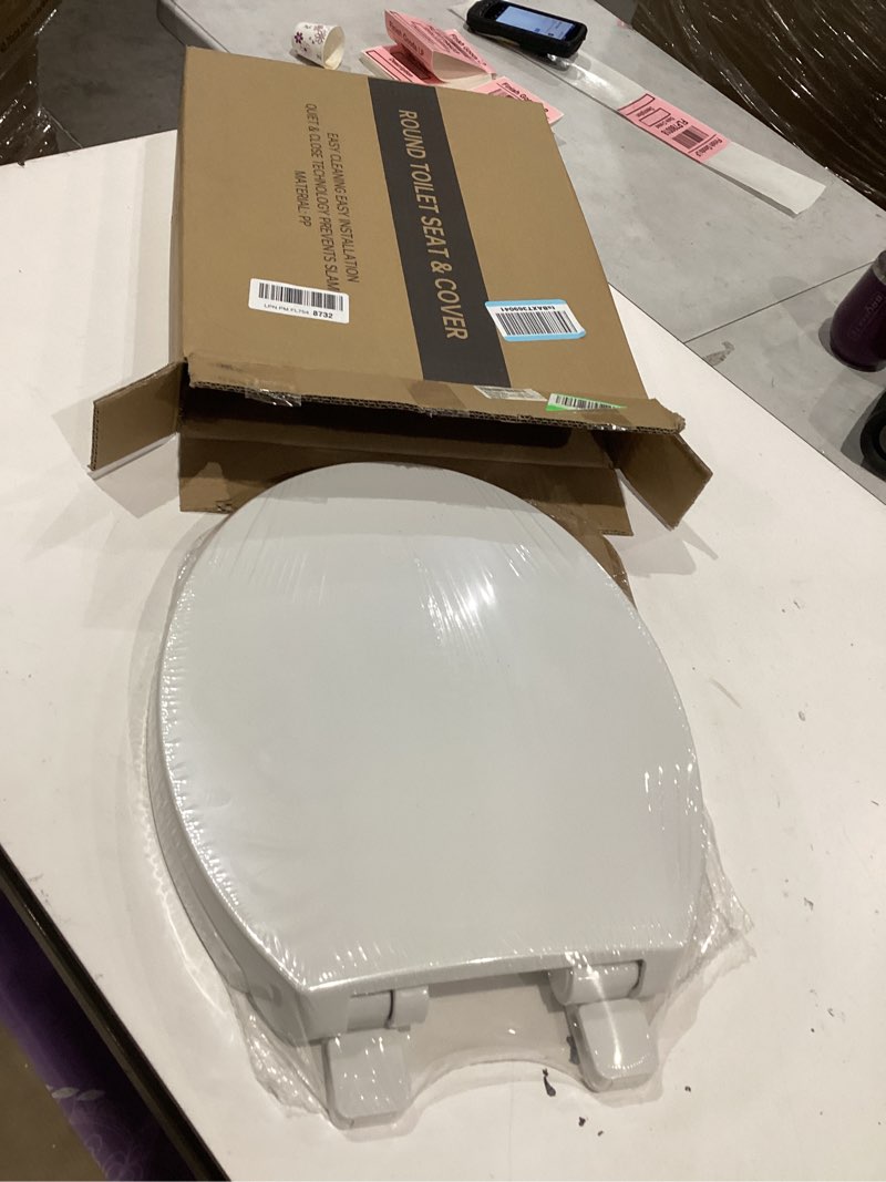 Condition photo showing New/Like New for toilet seat, round toilet seat with slow close hinges, never loosen, easy installation and cleaning, for most standard round toilet seats(16.5"), two sets of parts, durable plastic