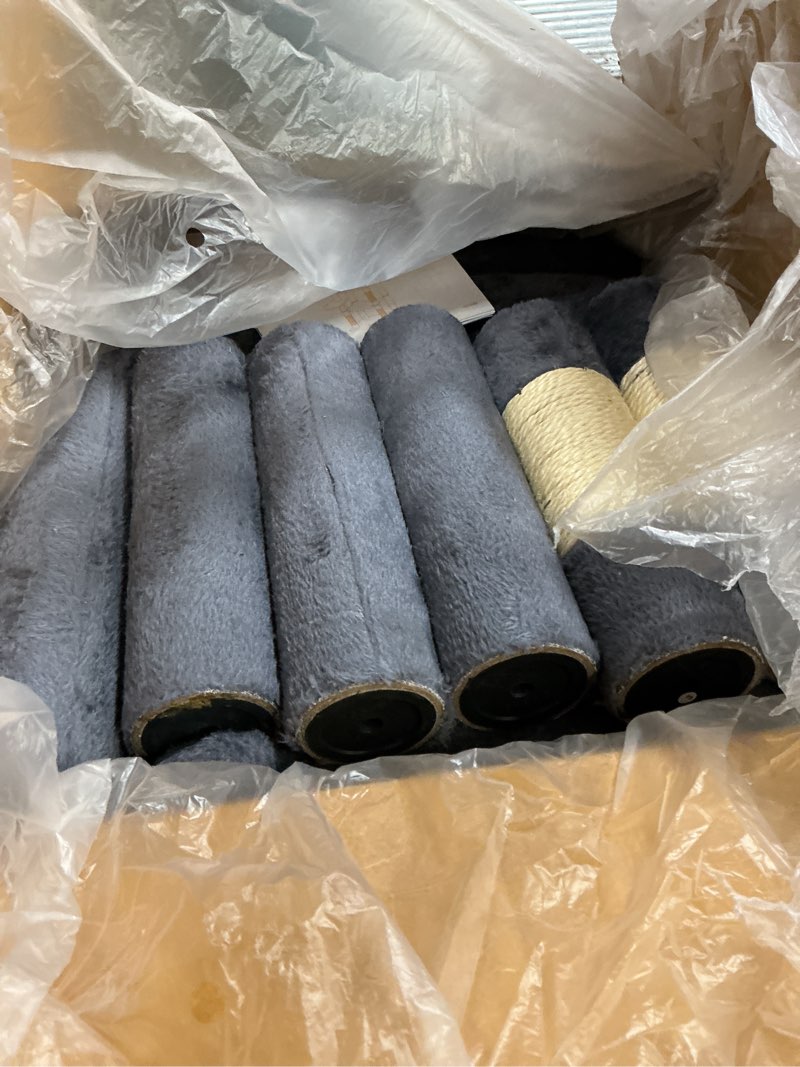 Condition photo showing As Is for feandrea cat tree, 59.5-inch tall cat tower, plush multi-level condo with 5 scratching posts, 2 perches, 2 caves, hammock, 2 pompoms, smoky gray upct192g01 59.5 inches smoky gray