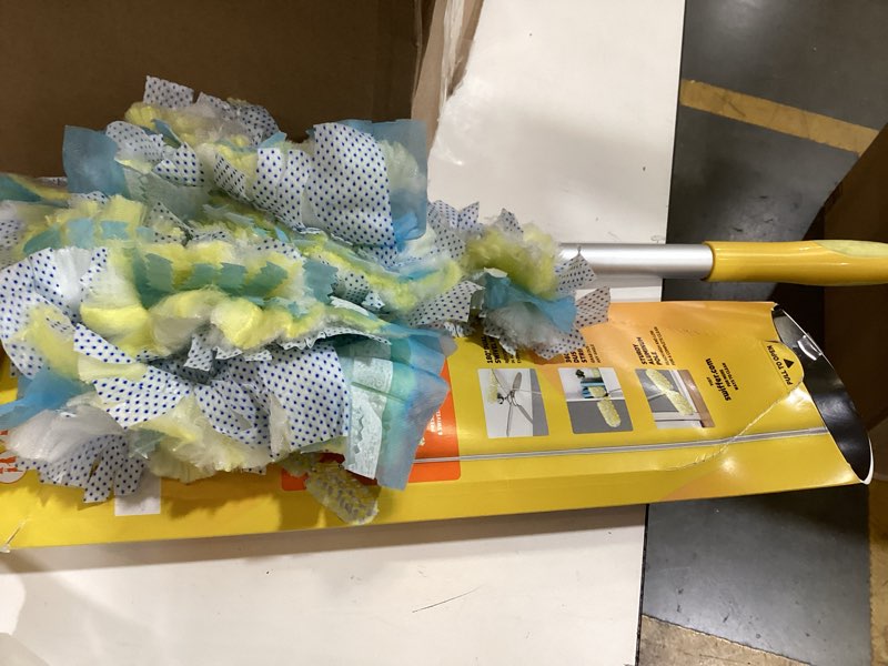 Condition photo showing As Is for swiffer duster kit with 6 ft super extendable handle, heavy duty starter kit with 8 refills