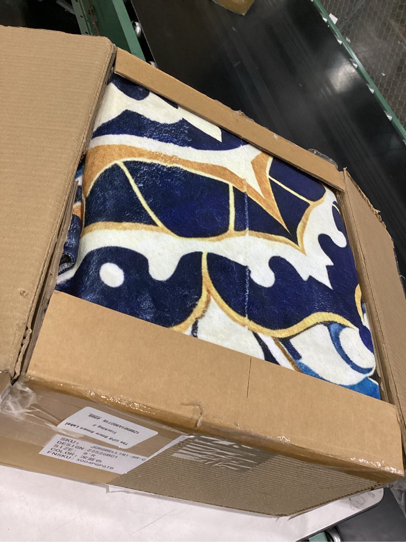 Condition photo showing As Is for jinchan mandala round rug 8ft blue boho washable rug moroccan 8' round modern peaceful circle rug soft non slip large low-profile carpet for dining room living room bedroom patio, golden navy 8' (round) golden navy