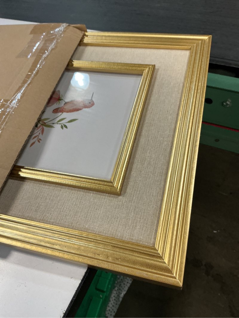 Condition photo showing Good Condition for 8x10 picture frame, made of solid mdf wood with real glass, display photo 8x10 with linen mat, vertical and horizontal wall hanging, double bevel borders, gold 8x10-rectangle inner border
