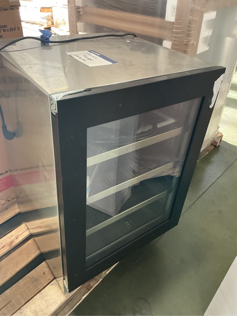 Condition photo showing As Is for Landmark 24-in W 154 -Can Capacity BLACK  Built-in Indoor Beverage Refrigerator with Glass Door