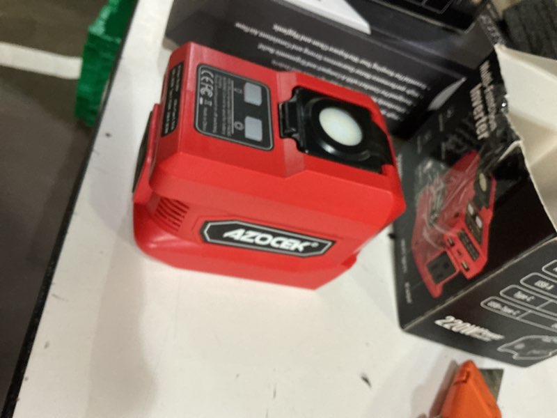Condition photo showing New/Like New for 220w azocek power inverter compatible with milwaukee 18v battery, dc 18v to ac 110v portable power station with 1 ac outlet, 2 usb ports & 1 type-c fast charging, 400lm led work light
