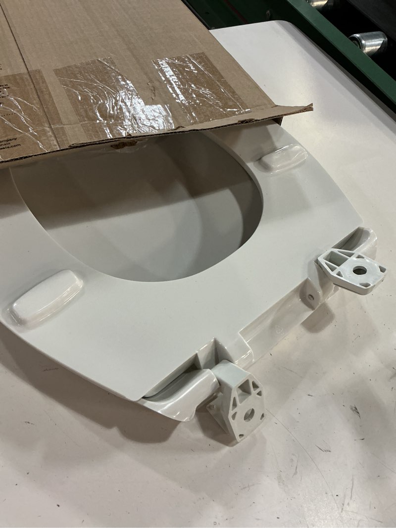 Condition photo showing As Is for bemis 1950 commercial open front plastic toilet seat, heavy duty industrial seat with lid, made in usa, elongated, white