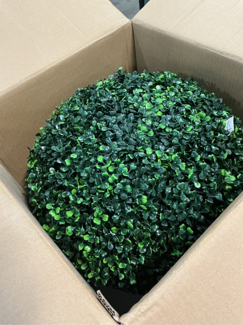 Condition photo showing As Is for pure garden artificial boxwood plant - 21-inch topiary ball faux plant - indoor or outdoor uv resistant fake plants for home, entryway, or porch decor 1-pack
