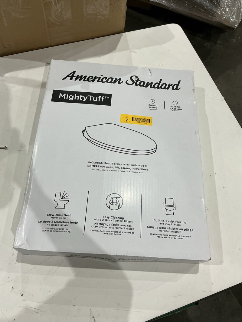 Condition photo showing As Is for american standard mightytuff plastic white round soft close toilet seat