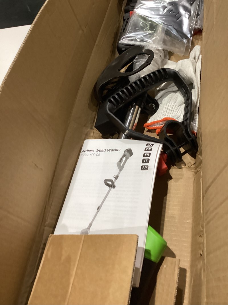 Condition photo showing As Is for 21v electric weed wacker cordless, weed eater battery powered, weed trimmer, brush cutter, telescopic handle, 3 cutting methods, lawn trimmer for garden and yard lawn, 2 * 2.0ah batteries & charger green