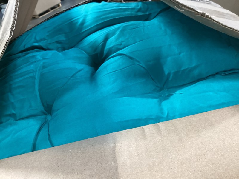 Condition photo showing Good Condition for outdoor swing cushions,waterproof swing cushions 3 seater replacement with backrest,outdoor thickened bench cushion with ties for porch,patio,backyard,garden (lake blue 60 * 40 in) lake blue 60x 40 inches