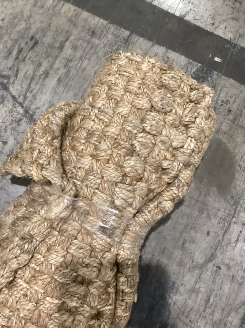 Condition photo showing As Is for jonathan y estera hand woven boucle chunky jute natural runner rug, 2x10, bohemian, transitional, easy-cleaning for living room, bedroom, kitchen, pet friendly, non-shedding (nfr102a-210) natural 2'2" x 10' (runner)