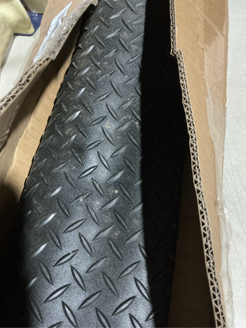 Condition photo showing As Is for 4 x 6 ft garage floor mat, 2.8mm thickened black commercial grade pvc rubber parking mat with diamond plate,non-slip floor protector for garage, warehouse, gyms, trailer, suv
