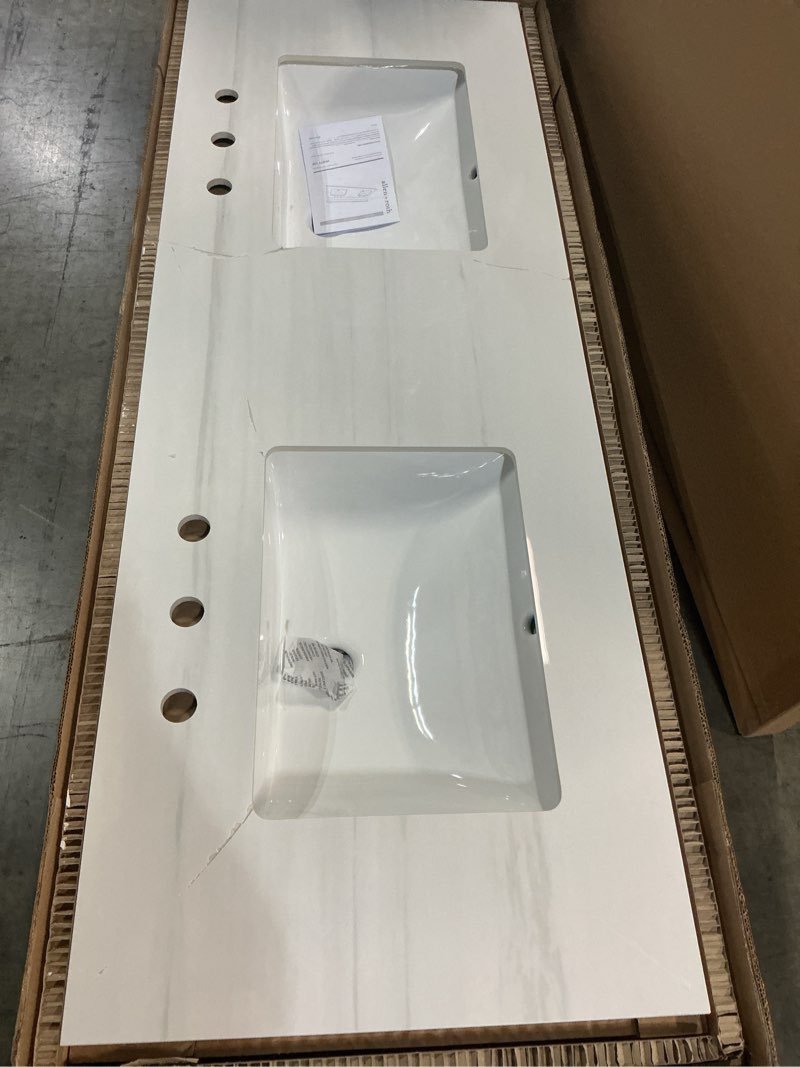 Condition photo showing As Is for allen + roth dolomiti bianco 61-in white sintered stone double sink bathroom vanity top
