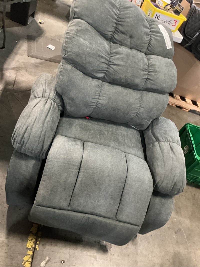 Condition photo showing As Is for light grey dual motor infinite position chenille power lift recliner chair with heat massage and power-remote