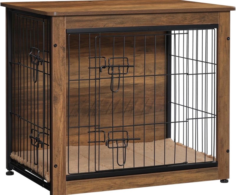 DWANTON Dog Crate Furniture with Cushion, Wooden Kennel Table with Double Doors, Indoor Dog House, Small/Medium/Large Size, 27.2" L, Warm Brown 27.2"L x 20.1"W x 23.6"H Warm Brown
