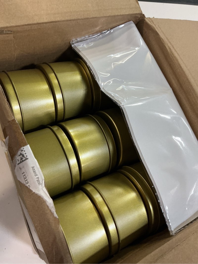 Condition photo showing Good Condition for patelai 36 pcs 4 oz metal round tins aluminum tin cans salve tins containers with screw lid 10 sheets stickers for salve spice candies balms candles (champagne gold)