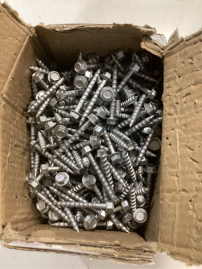 Condition photo showing As Is for sd connector screws, #9 x 1-1/2" heavy duty joist hanger screws, 1/4" hex head, 0.380" dia, 10d nail replacement, mechanical galvanized, 1500-hour salt spray tested, 500 count #9 x 1-1/2 in 500.0